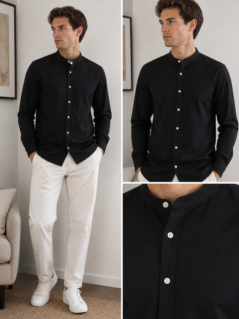 Zara Black Long-Sleeve Mandarin Collar Button-Down Shirt